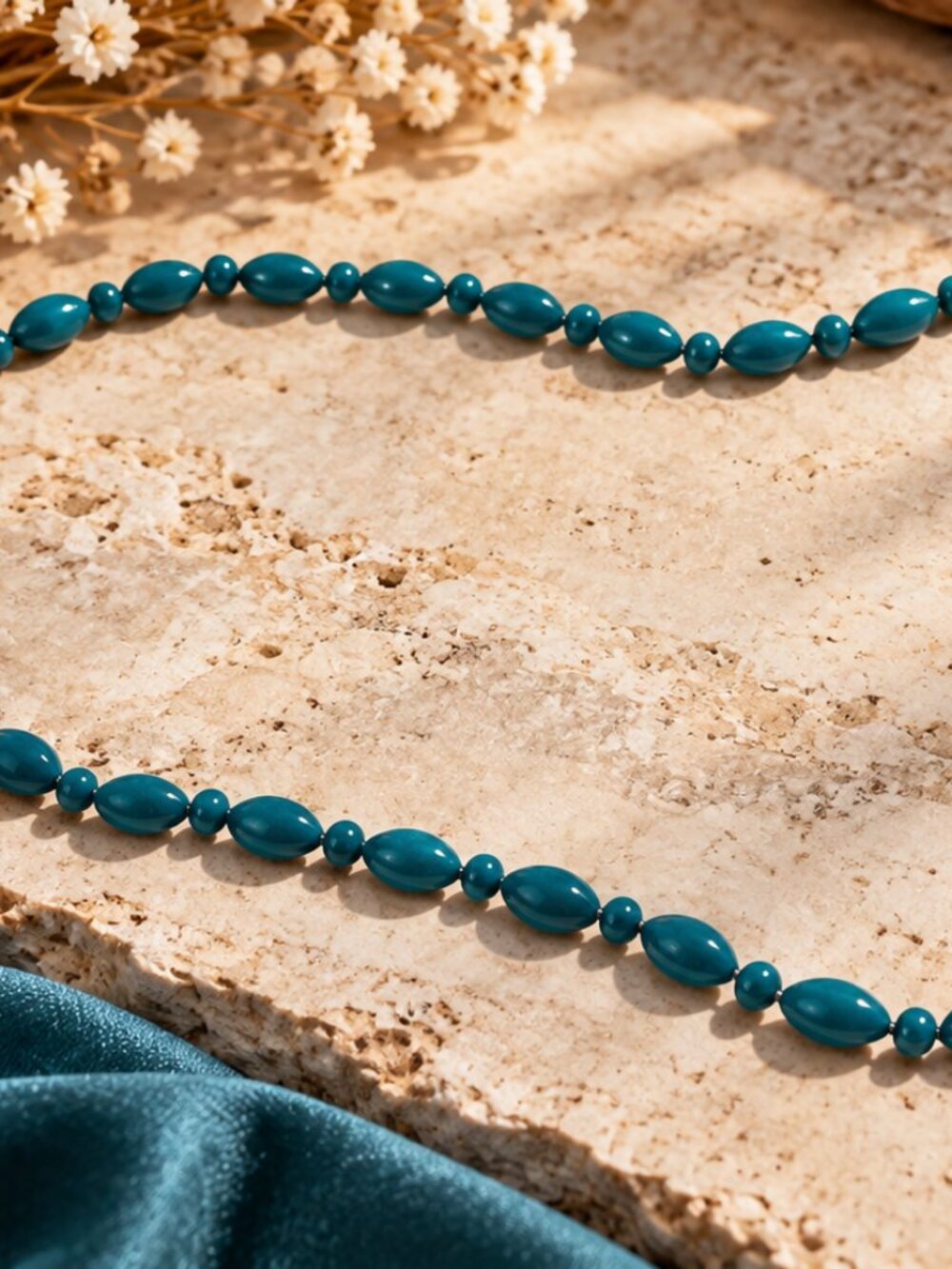 Turquoise Blue Beaded Long Necklace Oval & Round Beads